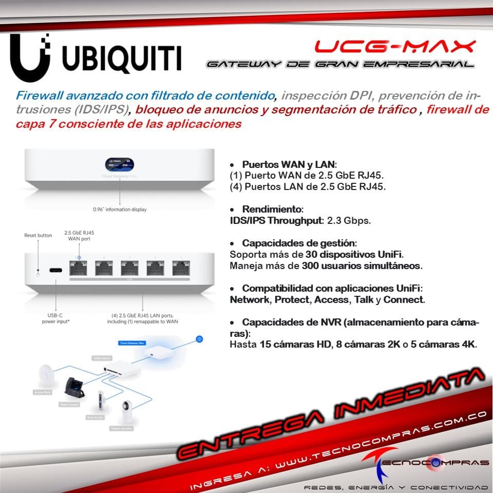 El Cloud Gateway Max ofrece firewall avanzado con filtrado de contenido, inspección DPI, prevención de intrusiones (IDS/IPS), bloqueo de anuncios y segmentación de tráfico VLAN/subred. #UCGmax #Tecnocompras #Ubiquiti #FirewallUbiquiti