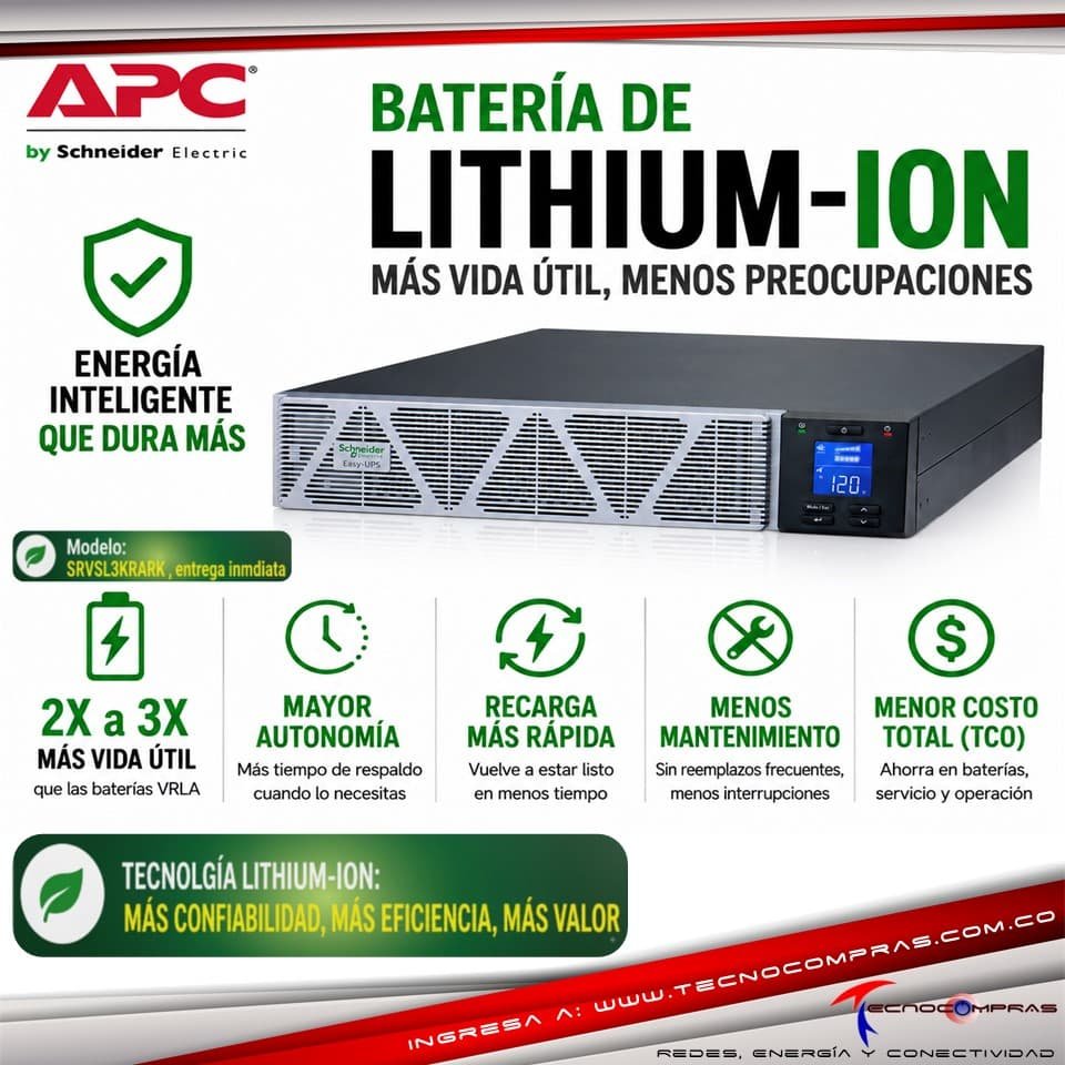Descubre la tecnología Lithium-Ion de APC: mayor vida útil, más autonomía y menor mantenimiento para proteger tus equipos críticos. #Apc #Tecnocompras #UPS #BateriaLithium